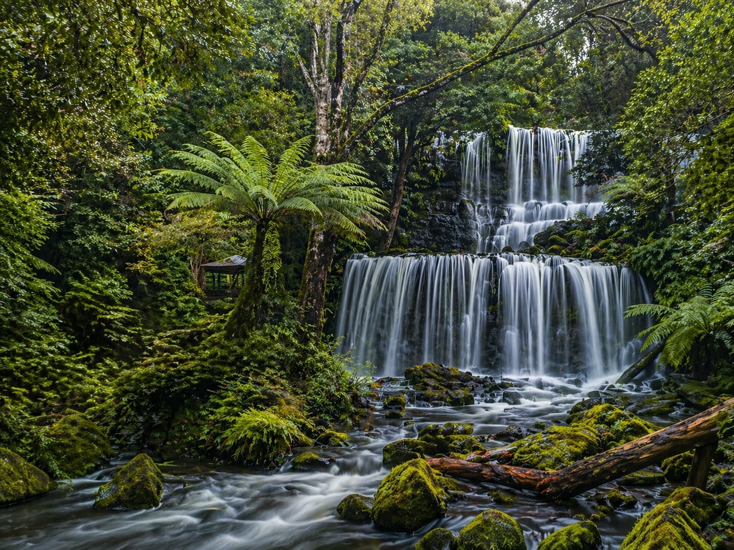 Russell Falls cascading through ancient rainforest
