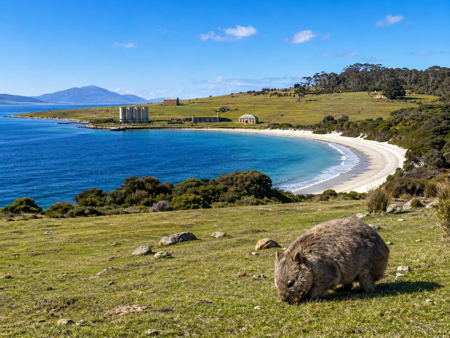 Wombat grazing on Maria Island grassland
