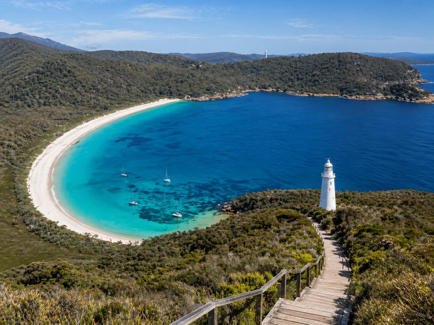 Wineglass Bay viewed from the lookout, turquoise water and white sand